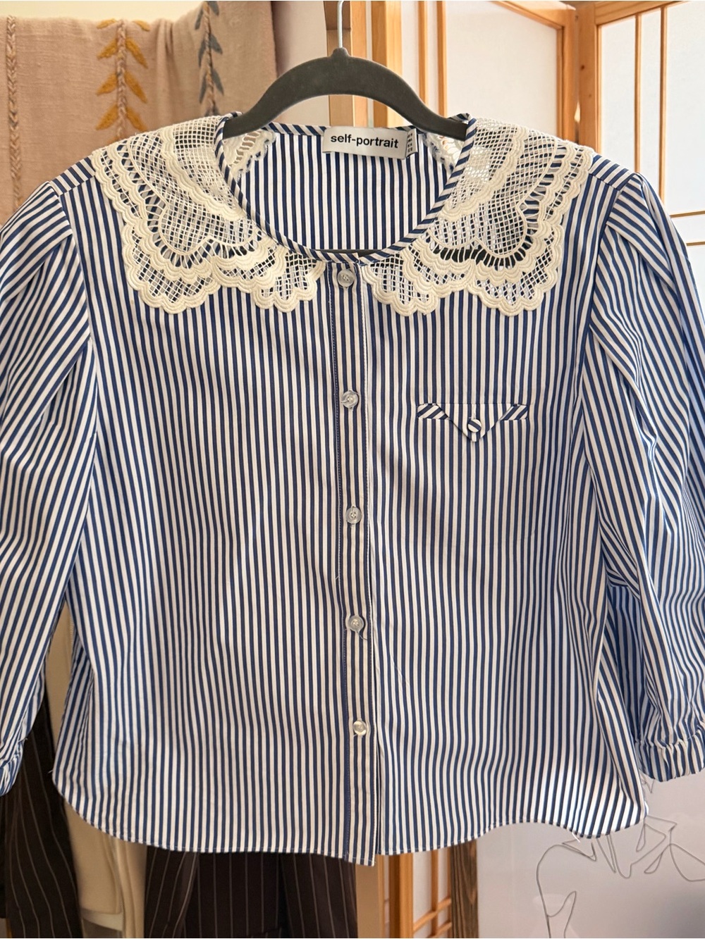 Self-Portrait Blue White Stripe Lace Collar Blouse Puff Sleeve Size US 10